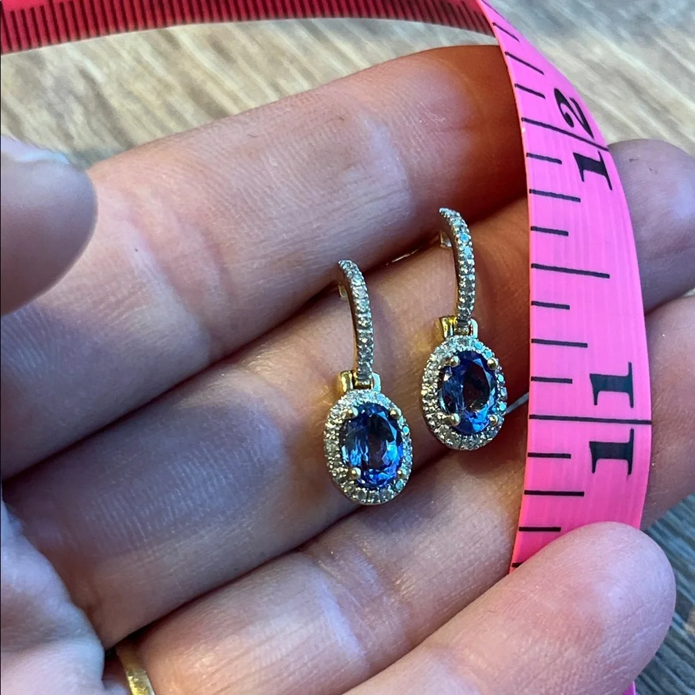 14k Gold diamond tanzanite Drop Earrings. Oval Gemstones with diamond Pavé Halos - Picture 13 of 13